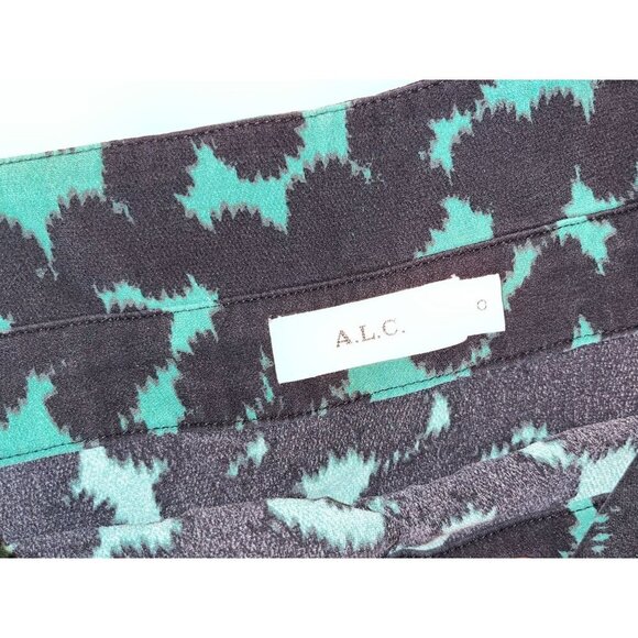 A.L.C. Silk Green & Black Abstract Print Asymmetrical Hem Midi Skirt Women's Siz - Picture 7 of 11
